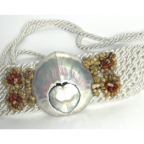 Seashell Rope Tie Belt Vintage 80s White Iridescent Bead Adjustable Hippie Beach - Picture 1 of 3